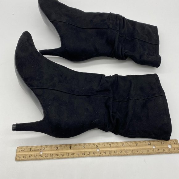 A Black Suede Women Fashion Pull On Slouch Boots Mid Calf Pointed Toe Mid Heel - Picture 4 of 7